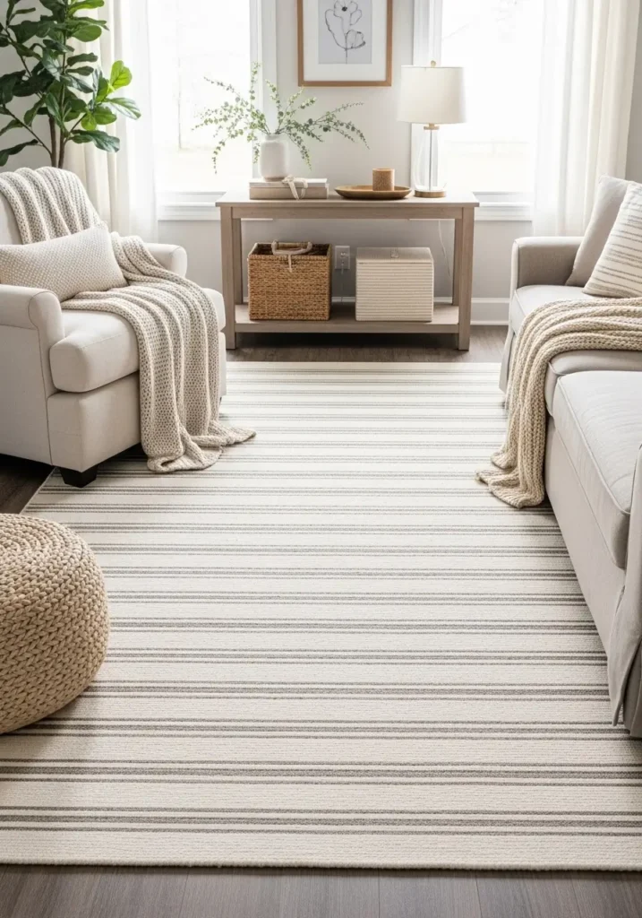 Minimal modern farmhouse living room with simple striped rug in cream and beige tones, cozy white sofa, natural oak coffee table, woven lighting fixture, linen curtains, soft neutral pillows, black metal decor accents, warm natural sunlight, airy farmhouse interior styling, realistic photography, calm uncluttered atmosphere with soft cozy layered textures

