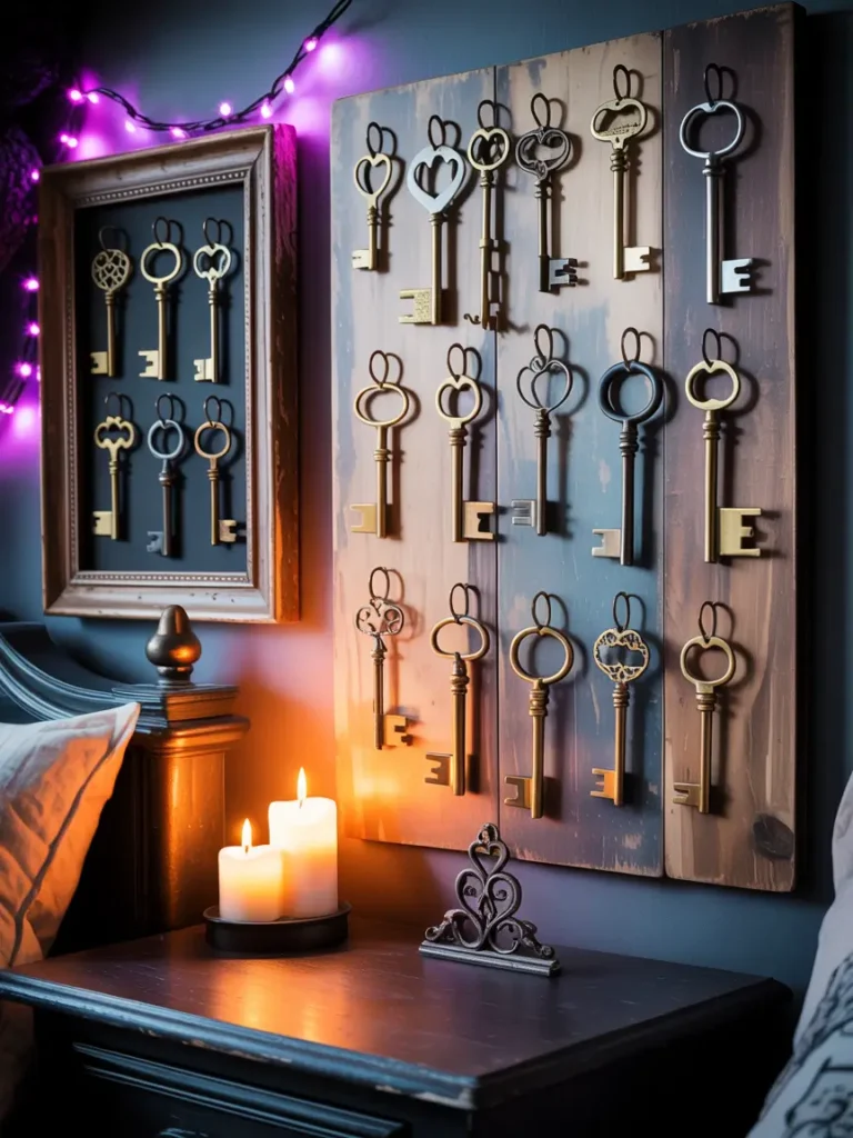 Intricately designed skeleton keys hanging on the wall or placed in a decorative frame, adding a vintage, gothic feel to the room’s aesthetic.