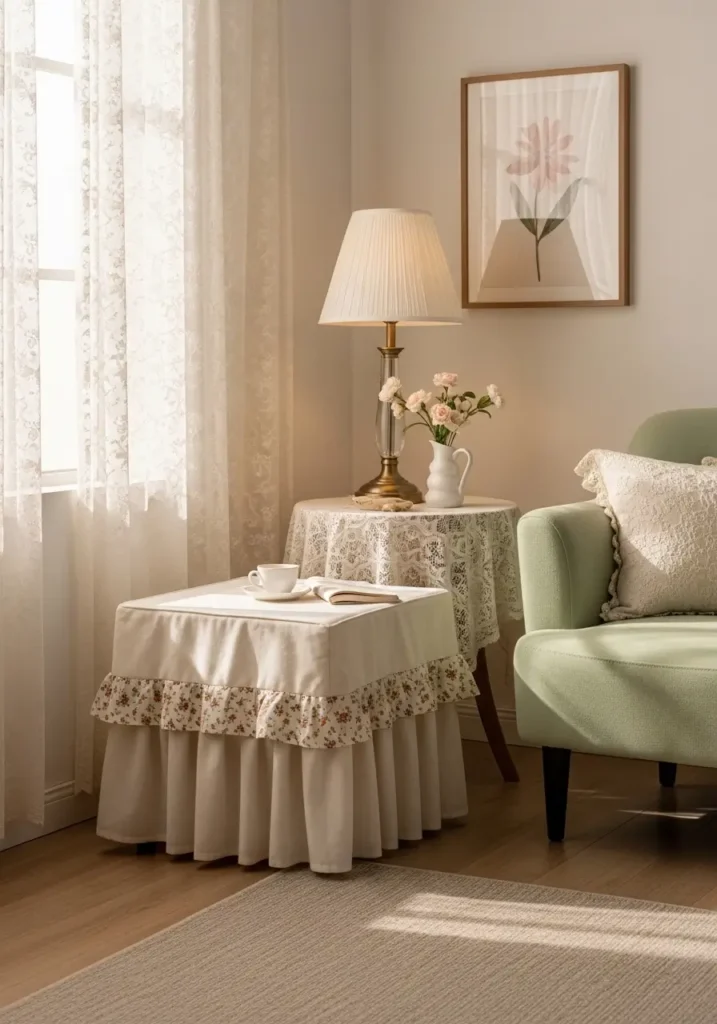 Clean minimal vintage living room with a small skirted side table covered in soft cream fabric, delicate floral trim, vintage lamp, pale green armchair, simple beige rug, lace curtains, framed flower print, warm natural light, cozy grandma core feeling, feminine and calm styling with soft uncluttered details.