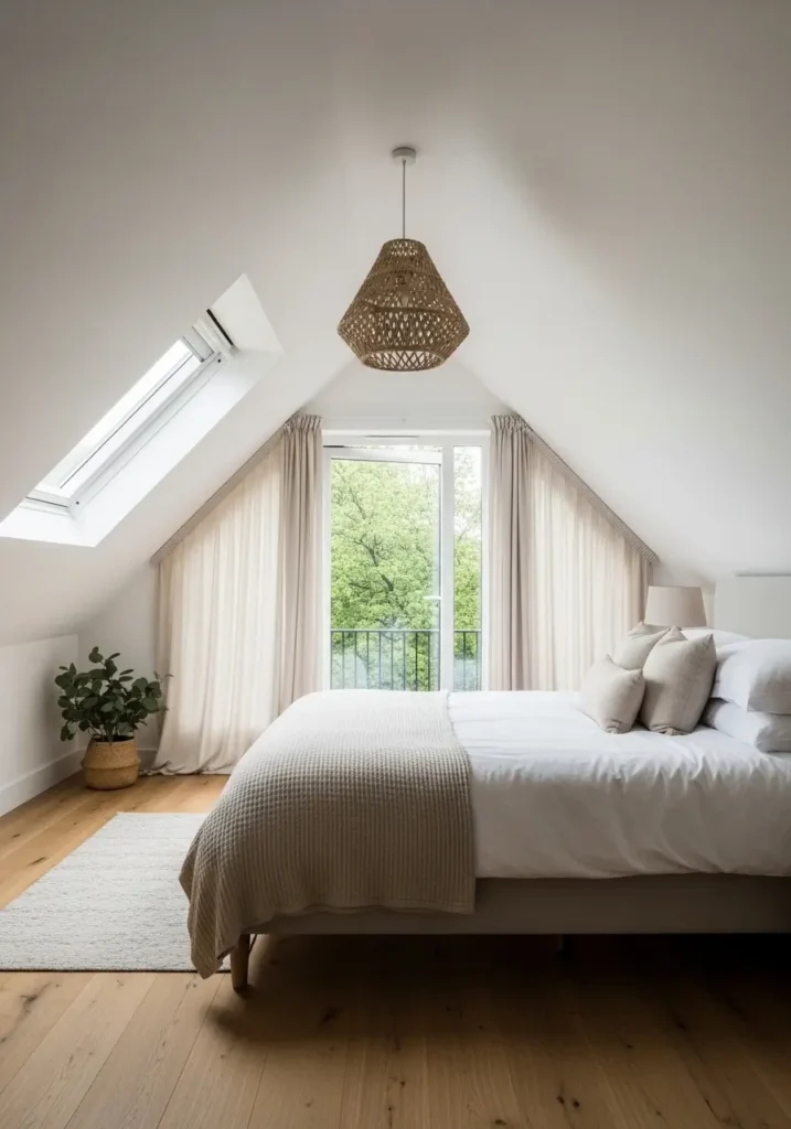Peaceful slanted roof bedroom with large skylight window above cozy bed, soft white linen bedding, warm oak flooring, cottage-inspired decor, minimal neutral styling, flowing curtains, gentle morning sunlight filling attic room, soft cream walls, woven basket accents, realistic cozy interior photography, airy feminine atmosphere, clean uncluttered layout, calming cottage bedroom aesthetic, warm soft shadows, inviting attic retreat, natural textures, dreamy peaceful mood

