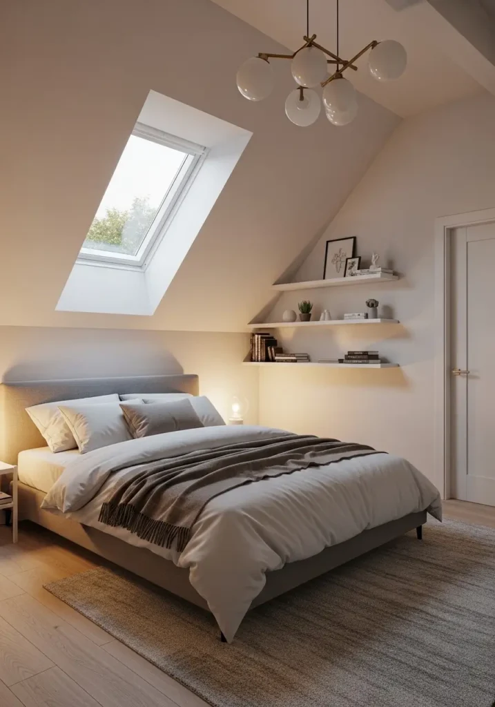 Minimal small bedroom with vaulted ceiling and one clean skylight above the bed, soft grey beige walls, white linen bedding, natural wood bed frame, tiny floating shelves, warm bedside lighting, soft rug, sheer curtains, calm modern styling, airy feminine mood, realistic cozy interior.