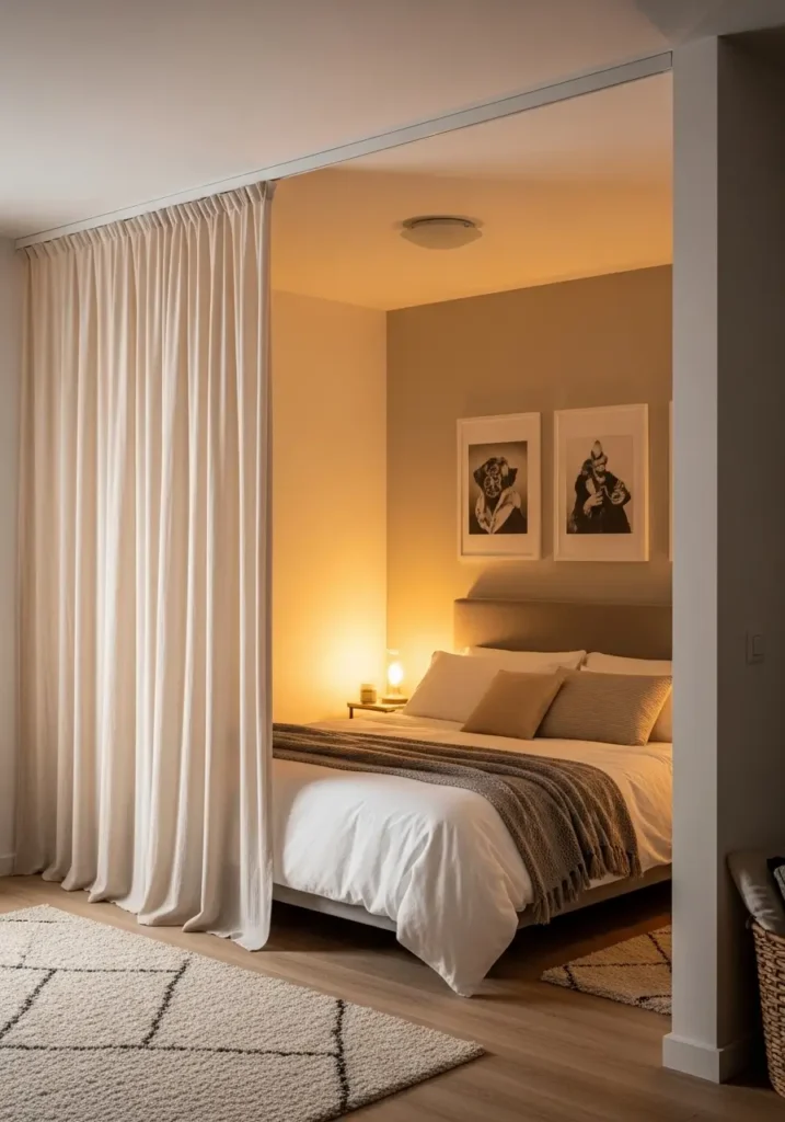 Warm studio apartment with ceiling mounted sliding curtain divider, creamy beige curtains, cozy layered bed, soft golden lighting, minimal feminine apartment styling, Scandinavian inspired tiny apartment, light wood floors, realistic interior photography, calm neutral palette, cozy couple apartment atmosphere, textured blankets, glowing lamps, uncluttered small apartment layout, airy soft decor, peaceful romantic mood with flowing fabric details

