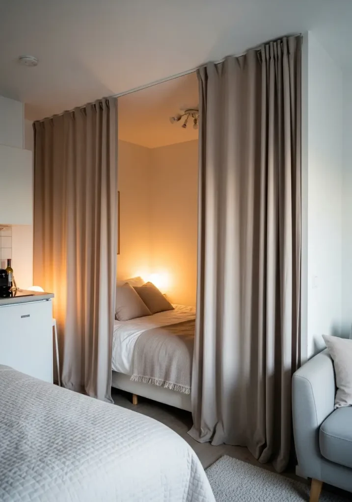 Clean minimal micro studio apartment with a ceiling mounted sliding curtain wall separating the bed from a small living area, soft beige curtain fabric, cream sofa, white bedding, wood accents, warm floor lamp, pale rug, feminine calm styling, neat cozy room layout.