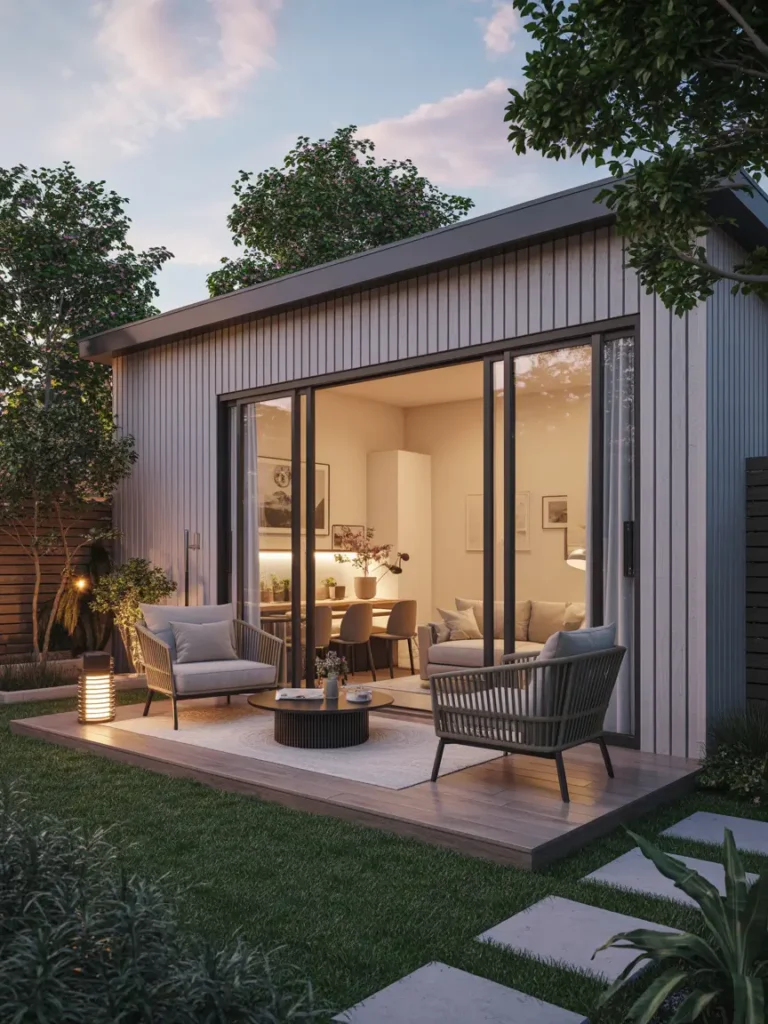 Detached garage apartment with large sliding glass doors opening into a tiny backyard patio, modern architecture, soft wood siding, indoor outdoor connection, compact landscaping, cozy patio furniture, warm sunlight, minimalist design, airy atmosphere, realistic modern home photography, elegant backyard apartment inspiration