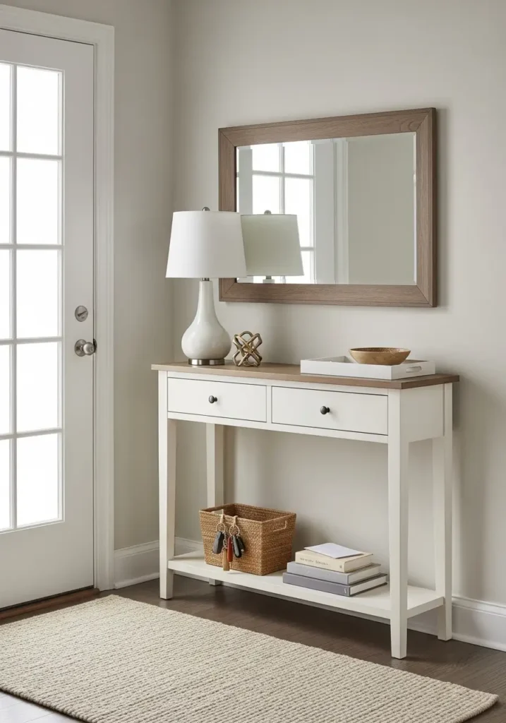 Narrow studio apartment entry wall with a slim light wood console table, round mirror above it, small ceramic bowl, soft lamp, woven basket below, warm beige wall, pale flooring, clean minimal feminine styling, cozy calm entrance feeling, realistic interior photography.