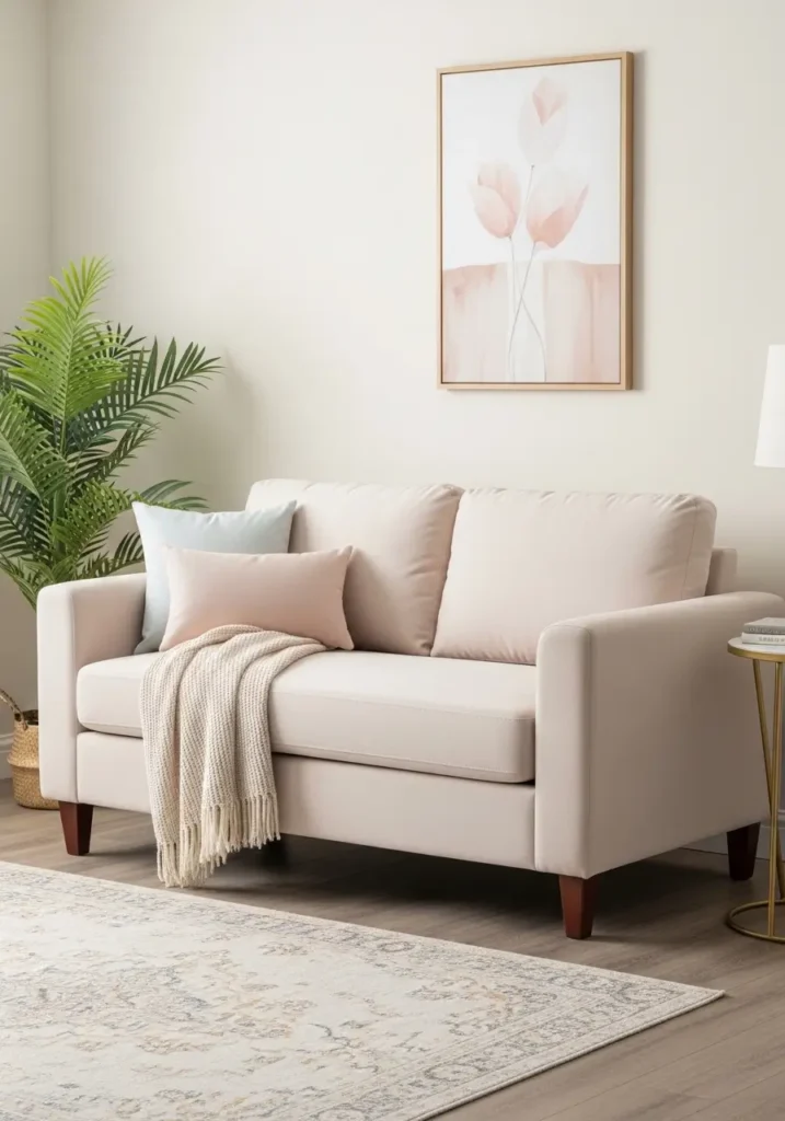 Clean minimal studio apartment with a slim beige loveseat against a warm white wall, soft linen pillows, light oak flooring, sheer curtains, small round side table, cozy cream throw, natural daylight, feminine neutral styling, calm small space mood, realistic interior photography.