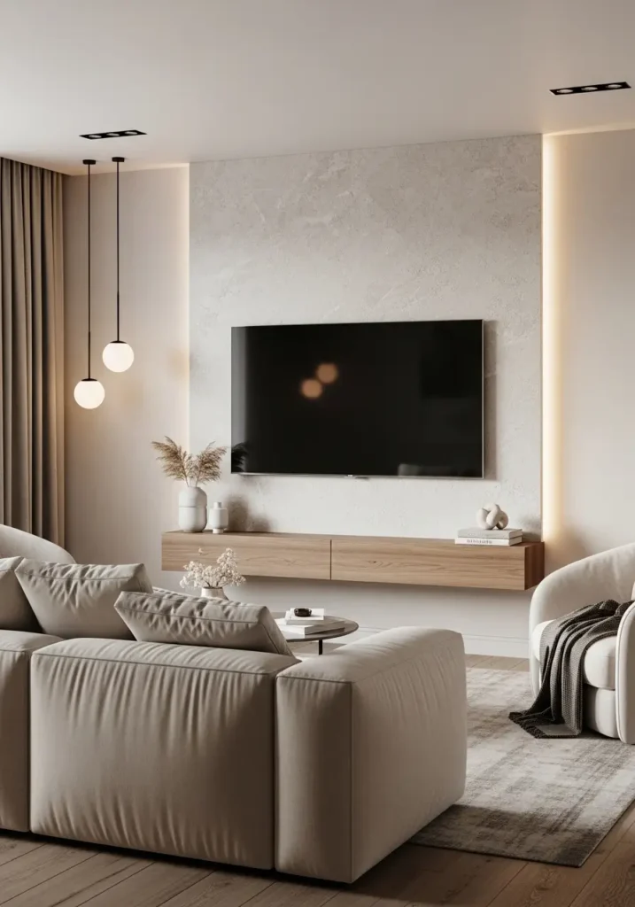 Elegant apartment living room with slim textured stone TV wall, mounted television, soft cream sectional, floating wood console, warm lighting, neutral rug, modern minimal decor, feminine cozy styling, realistic apartment interior, soft daylight, clean calm living room atmosphere, subtle luxury wall texture

