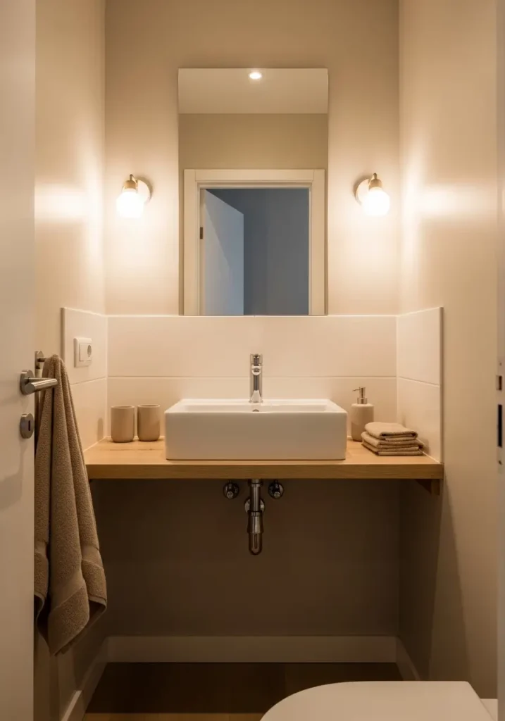 Tiny apartment bathroom with slim floating vanity, creamy white sink, pale beige walls, warm wall lighting, soft folded towels, light wood textures, minimal feminine styling, realistic cozy bathroom photography, uncluttered countertop, renter friendly makeover inspiration, airy compact layout, elegant neutral decor, calming apartment atmosphere, modern tiny bath aesthetic with soft shadows and warm details