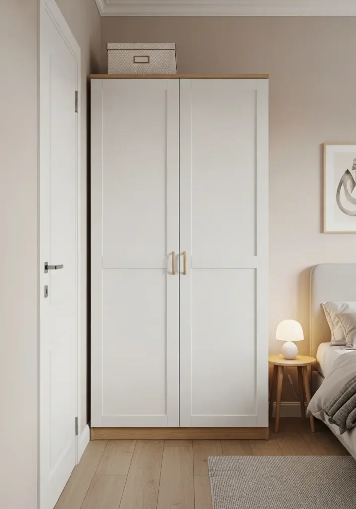 Clean minimal micro studio apartment with a slim white wardrobe used as a divider between sleeping area and entry space, soft bedding, neutral rug, pale wood nightstand, warm lighting, beige curtains, tidy storage, feminine tiny apartment design, calm uncluttered styling.
