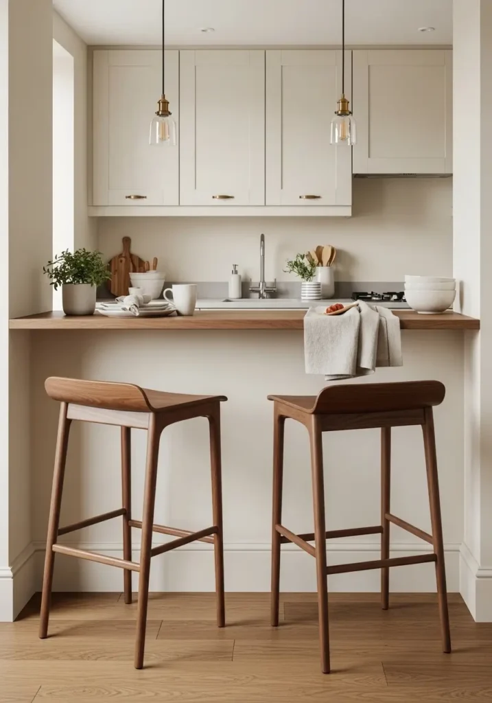 Small apartment kitchen with slim walnut bar stools, retro mid century modern styling, white countertops, warm wood cabinets, brass accents, soft pendant lighting, cream walls, compact kitchen island, minimal decor, natural sunlight, realistic interior photography, cozy feminine atmosphere, uncluttered apartment kitchen design, muted earthy tones, vintage inspired styling with clean modern lines