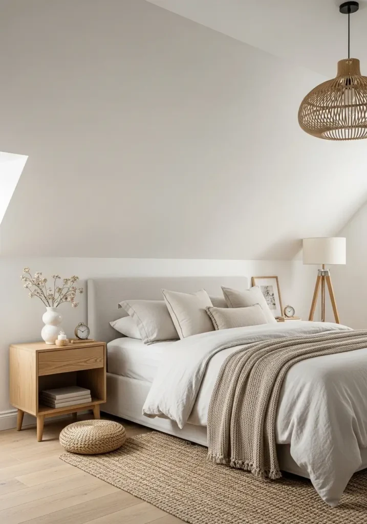 Small modern vaulted ceiling bedroom with soft sloped white walls, low linen bed, beige bedding, pale wood nightstands, simple pendant light, warm floor lamp, soft woven rug, minimal framed art, clean natural styling, cozy feminine atmosphere, bright but gentle interior photography.