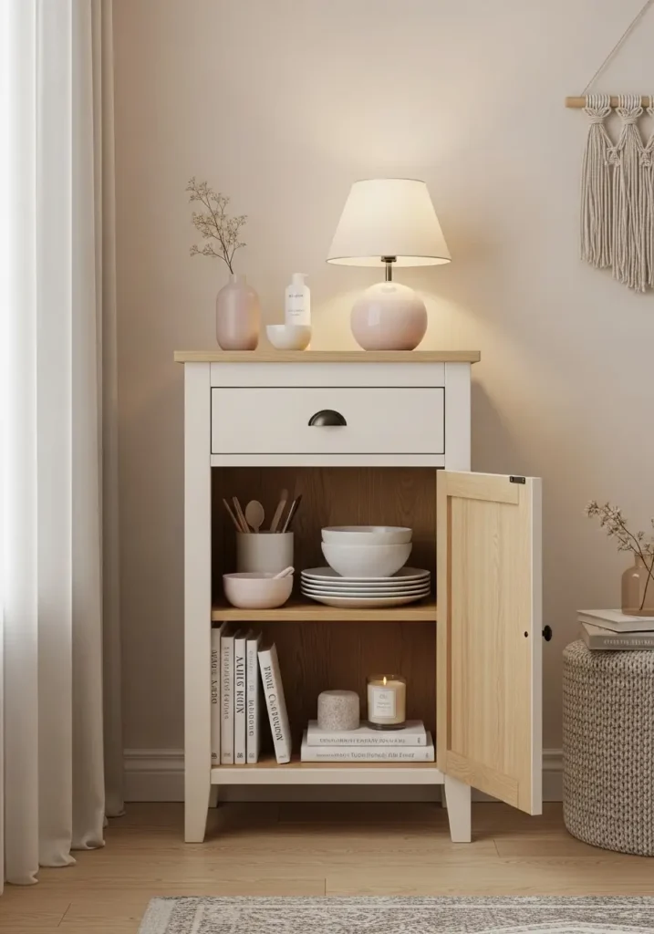 Cozy minimal studio apartment corner with a small cream accent cabinet, rounded edges, brass knobs, ceramic lamp, tiny vase, neutral wall art, soft rug, warm beige curtains, pale wood floor, feminine tidy storage styling, realistic calm interior photography.