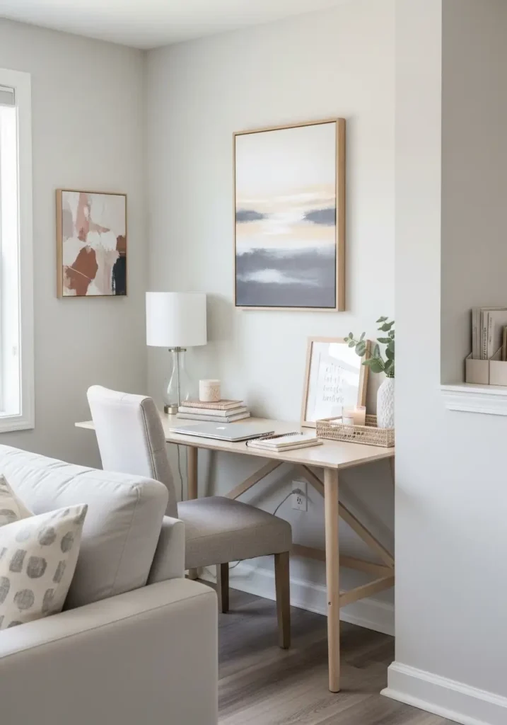 Stylish loft apartment home office tucked behind a sofa, slim desk, soft, feminine decor, open plan layout, natural light, pale wood and cream tones, cozy chair, books, lamp, subtle blush accents, smart zoning for a new home, realistic apartment interior photography with calm, organized mood, and airy loft styling