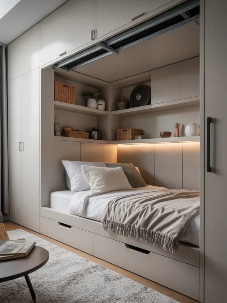 Compact detached garage apartment interior with hidden storage solutions, built-in cabinets, under-bed drawers, floating shelves, foldable furniture, modern small-space organization, soft neutral colors, clean design, realistic apartment photography, stylish compact living inspiration, bright minimal interior