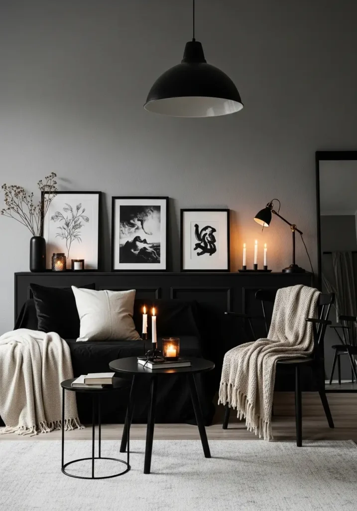 Clean minimal goth apartment living room with smoky gray walls, black sofa, pale cream rug, dark wood coffee table, warm floor lamp, simple black framed prints, soft knitted blanket, candle tray, smooth shadows, calm cozy interior with feminine gothic styling.