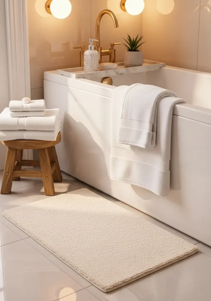 Cute cozy bathroom with plush cream bath mat beside white bathtub, soft neutral decor, warm lighting, fluffy towels, minimal feminine styling, clean modern apartment bathroom, subtle gold accents, airy atmosphere, realistic fabric textures, calming spa inspired mood, beige and white palette, uncluttered elegant interior photography with soft sunlight reflections

