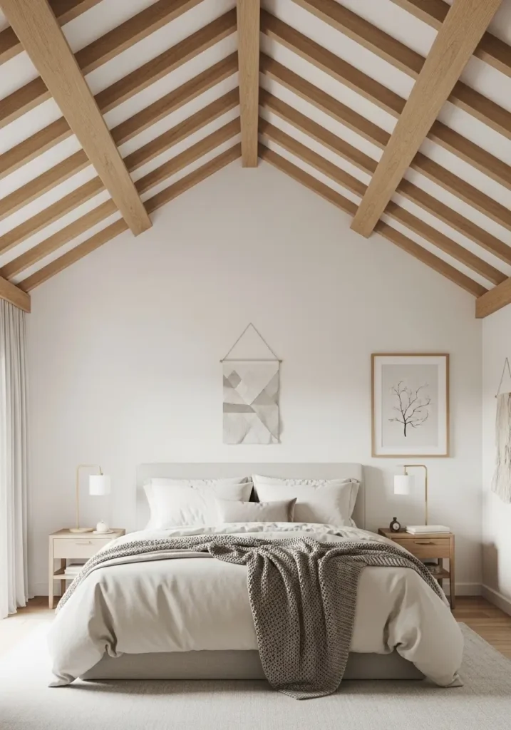 Clean minimal vaulted ceiling bedroom in a small modern home, soft pale wood ceiling beams, creamy white walls, low beige upholstered bed, linen bedding, slim bedside tables, warm wall lights, sheer curtains, natural morning light, calm feminine styling, uncluttered decor, cozy modern mood, realistic interior photography.