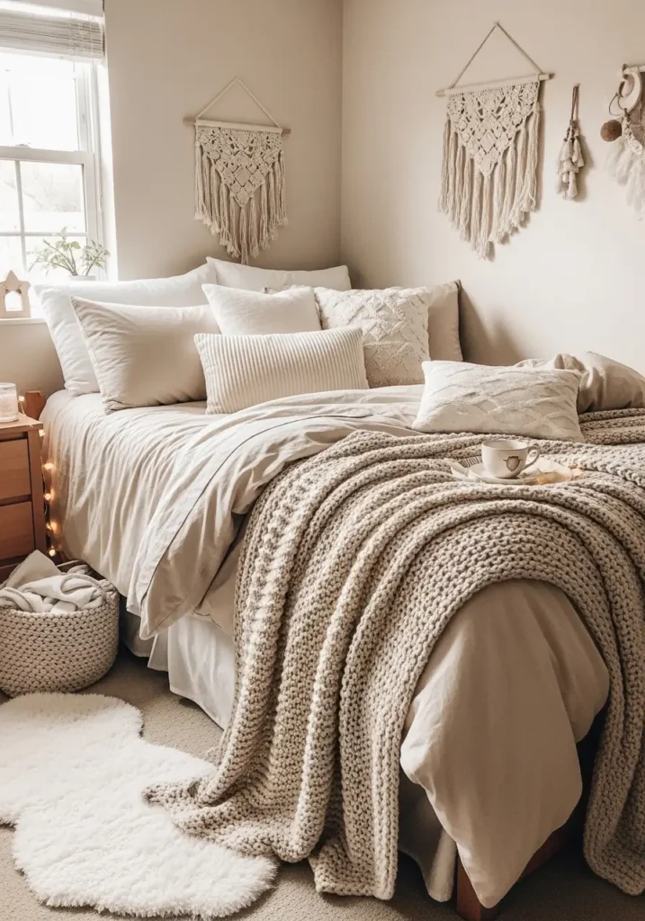 Minimal dorm apartment bedroom with soft beige bedding, creamy knit throw blanket, warm neutral pillows, small wooden nightstand, cozy lamp glow, clean white walls, tiny framed art prints, light oak furniture, soft sunlight through sheer curtains, calm feminine styling, tidy small space, cozy layered textures, peaceful college dorm mood, minimal clutter, aesthetic budget bedroom decor, warm cream and tan color palette, relaxed and inviting atmosphere, realistic interior styling photography, clean composition, soft shadows, modern cozy dorm room setup

