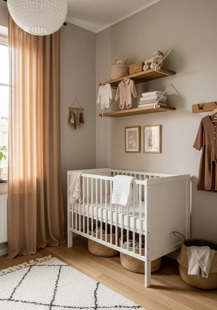 Tiny apartment nursery corner with soft beige walls, minimal white crib beside warm linen curtains, floating wooden shelves with folded baby clothes, woven baskets under crib, light oak flooring, cozy cream rug, small framed art, soft natural sunlight, airy Scandinavian style, calm feminine decor, neutral tones, textured fabrics, clean styling, compact apartment nursery layout, realistic cozy atmosphere, minimal clutter, warm ambient lighting, delicate nursery details, peaceful and elegant mood photography