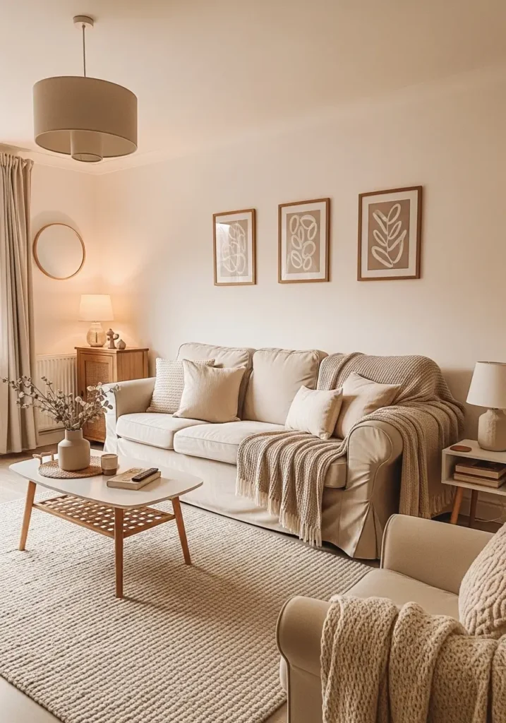 Minimal aesthetic college apartment living room with soft beige tones, cream couch, fluffy textured throw blankets, small round wooden coffee table, neutral wall art, warm lighting from floor lamp, cozy feminine styling, clean apartment layout, tiny indoor plants near window, soft curtains, natural daylight, modern student apartment decor, calm and airy atmosphere, minimal clutter, Scandinavian inspired styling, warm cozy mood, realistic interior photography, high detail, balanced composition

