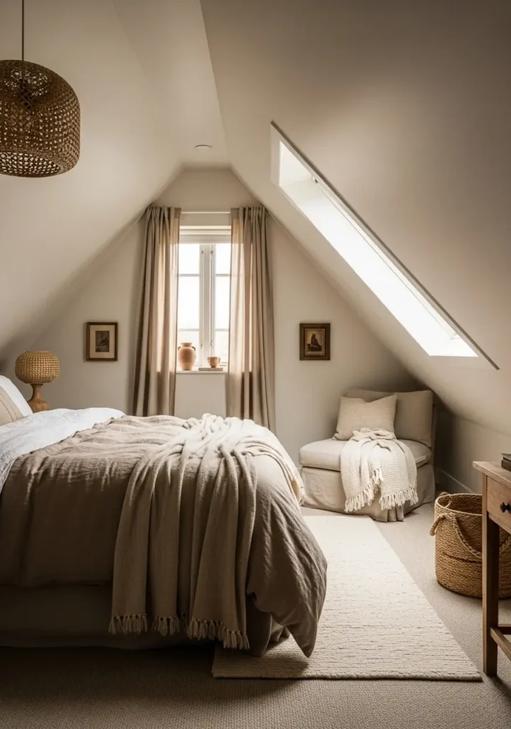 Minimal beige attic bedroom beneath slanted roof ceiling, warm taupe bedding, textured cream rug, soft boucle chair, natural oak furniture, cozy cottage styling, warm sunlight through small skylight window, neutral feminine decor, calming soft shadows, layered linen fabrics, rustic pottery accents, uncluttered airy layout, realistic cozy bedroom photography, peaceful cottagecore atmosphere, clean warm aesthetic, intimate attic bedroom mood, relaxing earthy color palette

