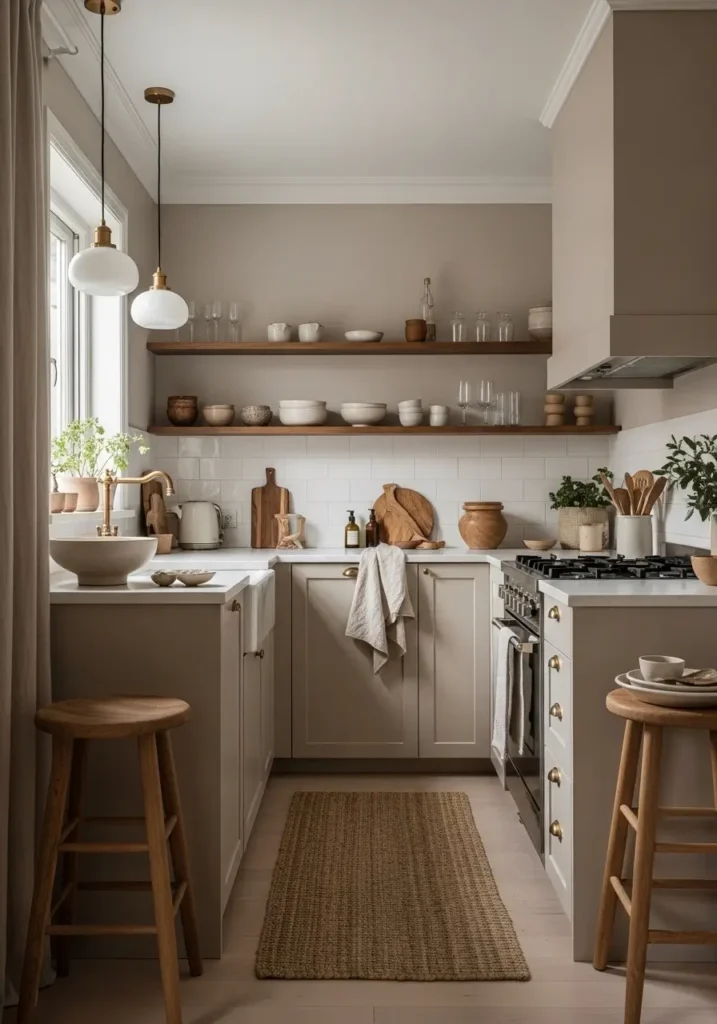 Minimal retro mid century modern apartment kitchen with soft beige cabinets, walnut wood accents, cream walls, warm pendant lighting, floating shelves, compact apartment layout, ceramic decor, realistic interior photography, muted neutral palette, cozy feminine styling, uncluttered kitchen counters, calm apartment atmosphere with vintage modern warmth