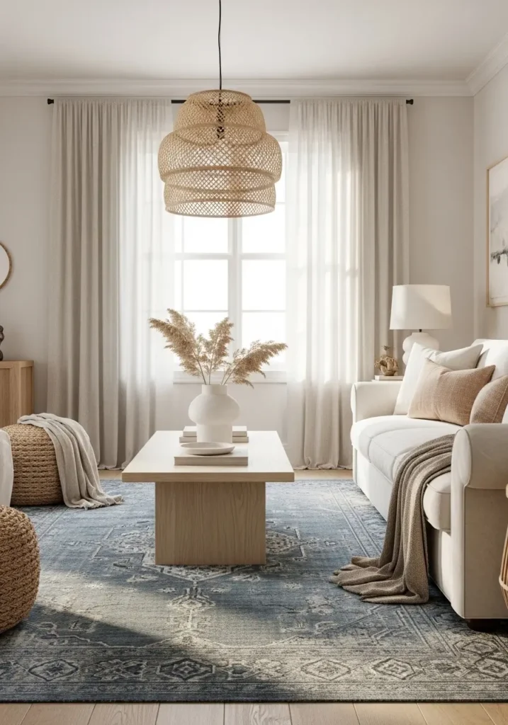 Elegant beach house living room with muted blue area rug, creamy white sofa, woven coastal accents, pale wood coffee table, airy curtains, warm sunlight, soft neutral walls, relaxed feminine decor, layered cozy textures, minimal beach styling, calm seaside atmosphere, clean airy layout, subtle ocean inspired details, peaceful modern coastal interior

