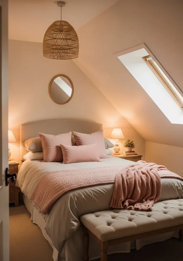 Warm cottage attic bedroom with soft blush pink accents beneath slanted roof ceiling, cream linen bedding, rustic wooden bed frame, delicate feminine decor, warm golden lamp lighting, natural wood floor, cozy attic styling, minimal romantic cottage aesthetic, realistic interior photography, soft neutral palette, peaceful intimate atmosphere, uncluttered bedroom layout, layered textures, warm shadows, calming cozy retreat

