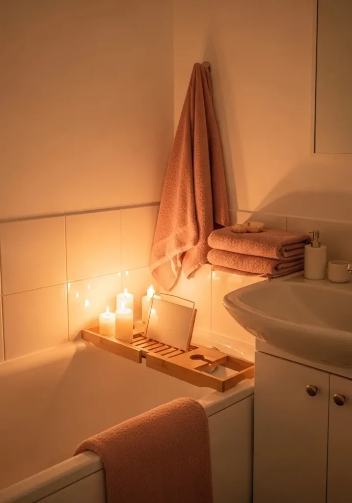 Tiny apartment bathroom with glowing candles beside bathtub, creamy white walls, blush towels, warm ambient lighting, light wood tray, soft feminine decor, realistic cozy apartment interior photography, uncluttered sink counter, elegant renter friendly bathroom makeover inspiration, calming neutral palette, airy compact bath styling, folded towels, minimal spa inspired details with soft golden shadows