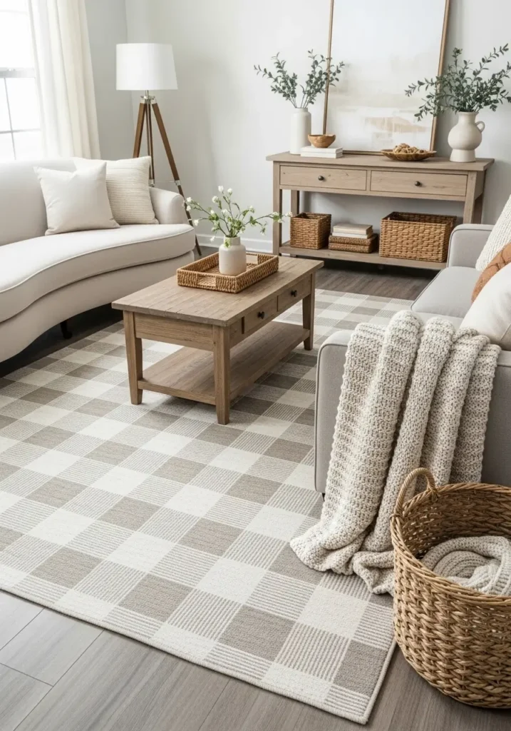 Elegant modern farmhouse living room with soft checkered rug in warm beige and cream tones, curved linen sofa, rustic wood shelves, cozy knit blankets, natural oak flooring, black iron accents, oversized windows with sheer white curtains, minimal farmhouse decor, balanced neutral styling, airy feminine atmosphere, realistic cozy interior photography, soft lighting, clean and uncluttered room design with layered textures

