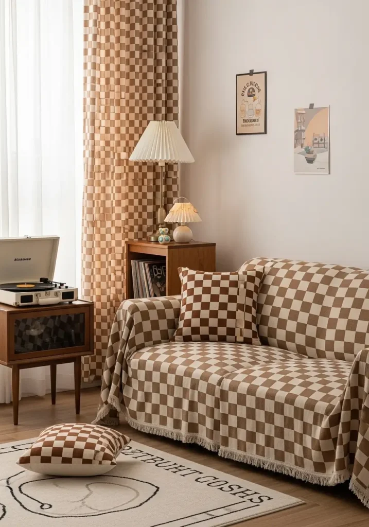 Minimal cozy retro apartment living room with cream sofa, soft brown and beige checkered throw blanket, matching cushion, light wood coffee table, simple wall art, warm daylight, clean floor space, gentle vintage home styling.
