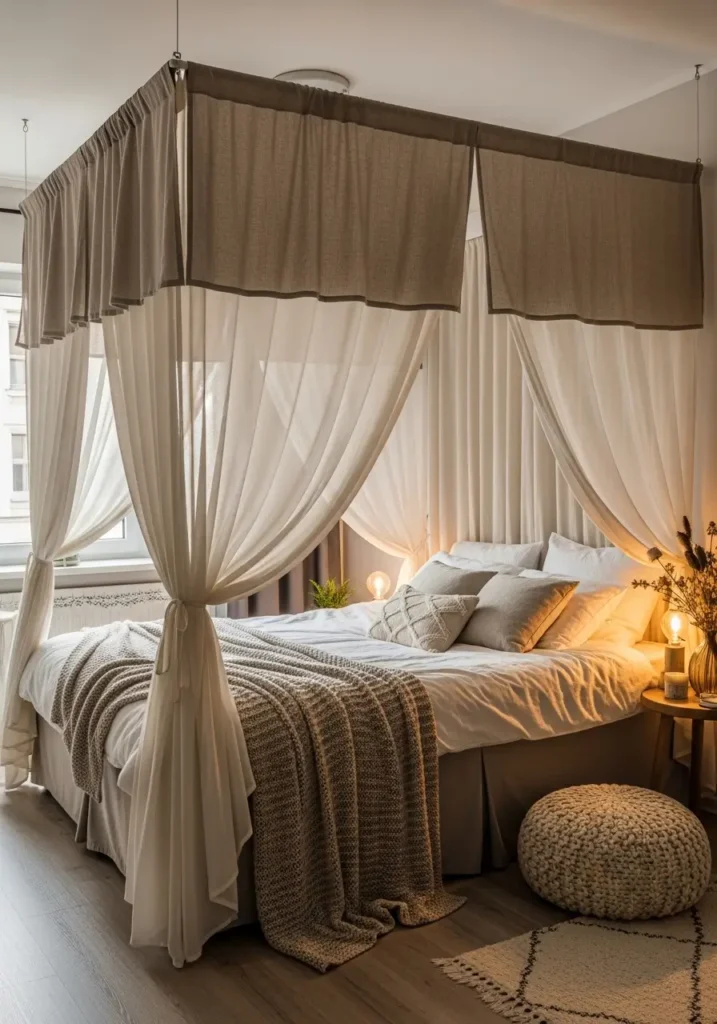 Cozy studio apartment bedroom with soft canopy curtain divider around bed, warm ivory fabrics, layered neutral bedding, glowing bedside lamps, feminine apartment styling, light wood flooring, romantic studio apartment setup for couples, airy cream curtains, peaceful minimal decor, textured blankets, warm ambient lighting, realistic interior photography, calm Scandinavian apartment design, uncluttered small apartment with soft dreamy atmosphere

