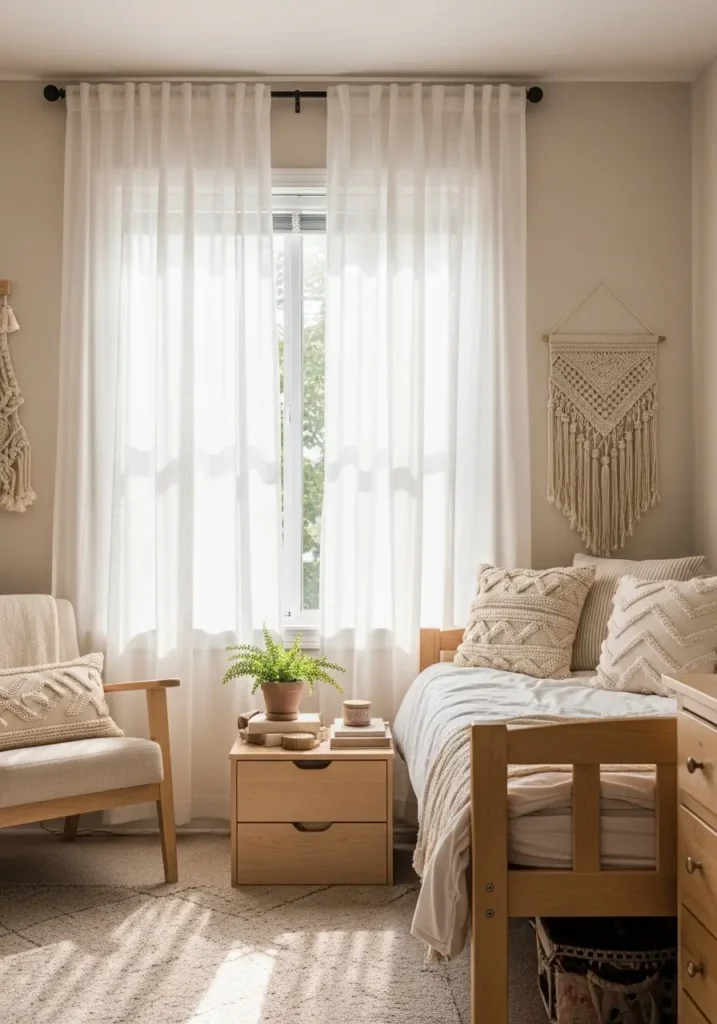 Bright college apartment living room with sheer white curtains glowing in sunlight, cream sofa, soft beige decor, feminine cozy styling, textured pillows, light wooden coffee table, airy apartment atmosphere, minimal clean layout, realistic interior photography, warm natural lighting, peaceful student apartment vibe, tiny indoor plants, soft cozy mood, Scandinavian inspired decor

