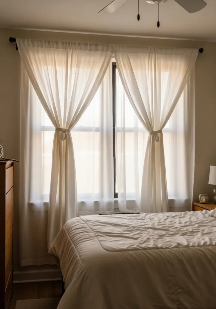 Cozy dorm apartment bedroom with layered sheer curtains, soft sunlight filtering through windows, cream bedding, warm neutral decor, minimal feminine styling, realistic interior photography, calm apartment atmosphere, aesthetic college bedroom setup, soft beige and white palette, fluffy textures, clean uncluttered room, dreamy lighting, cozy small dorm decor, peaceful modern styling with elegant curtain details and warm inviting mood

