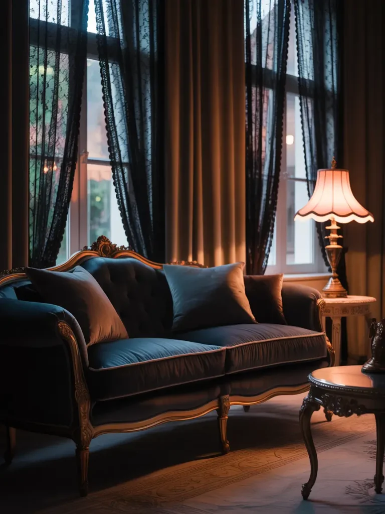 Think dark velvet cushions, soft lighting, and lush dark curtains in a minimalist room setup.