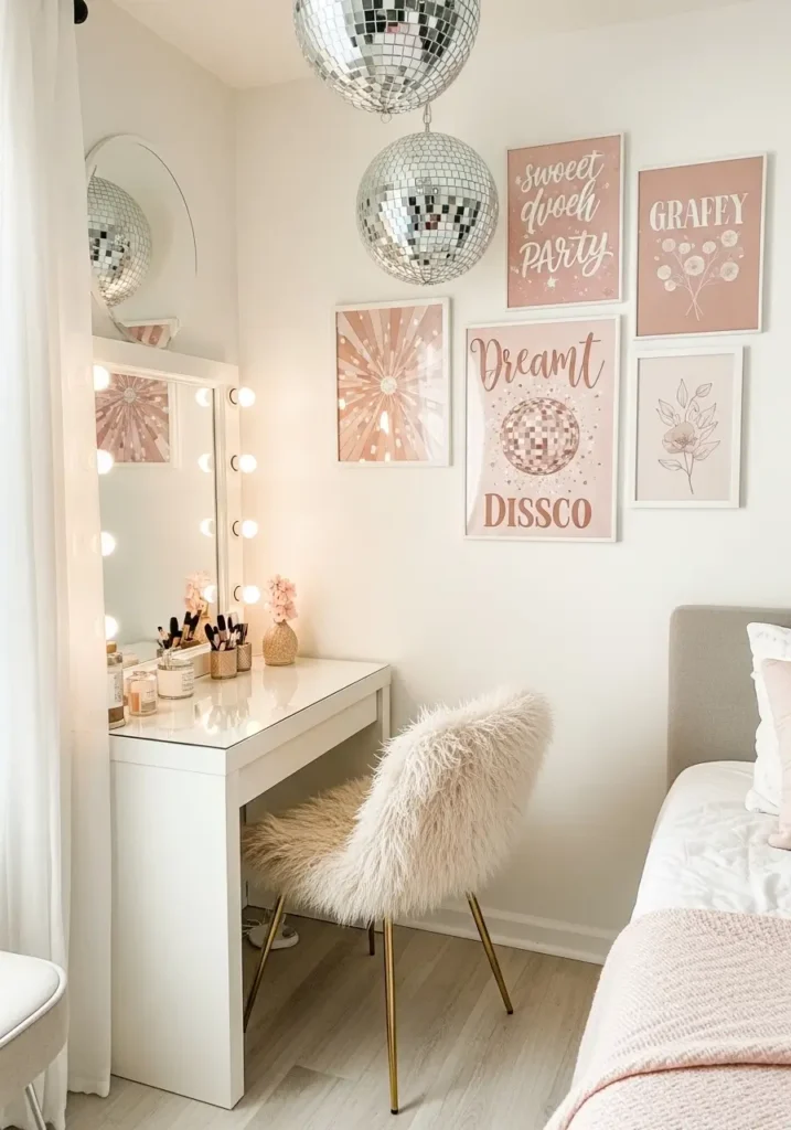 Small retro apartment living room with soft disco ball wall art, cream walls, blush pink accents, warm beige sofa, tiny glass coffee table, cozy feminine styling, muted silver reflections, clean minimal layout, nostalgic retro mood, soft evening lighting, uncluttered apartment decor, realistic editorial interior photography, calm cozy atmosphere, vintage-inspired details