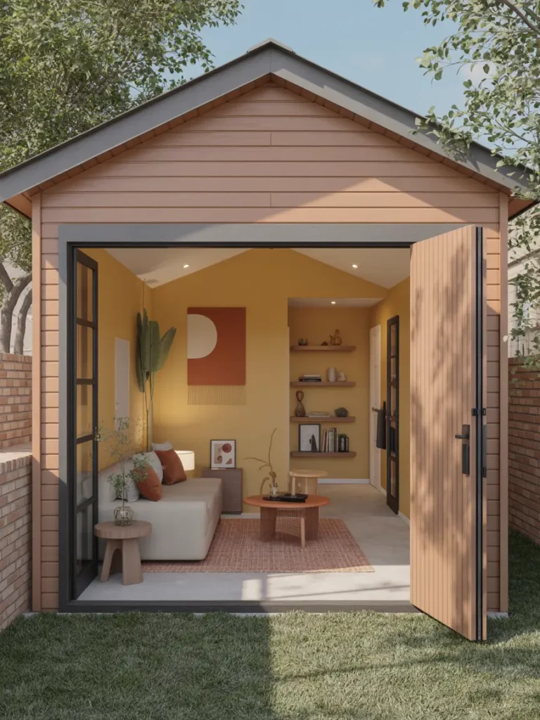 Detached garage apartment decorated with warm earth tones, terracotta accents, beige walls, olive green details, natural wood textures, cozy modern design, compact backyard setting, soft sunlight, elegant small-space decor, realistic photography, calming modern apartment style