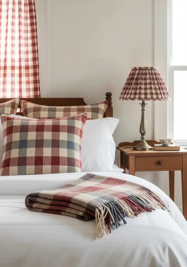 Clean minimal vintage Americana bedroom with soft gingham pillow covers, white bedding, faded blue throw, warm wood bed frame, cream curtains, small antique nightstand, woven rug, gentle daylight, cozy feminine country mood, uncluttered styling.