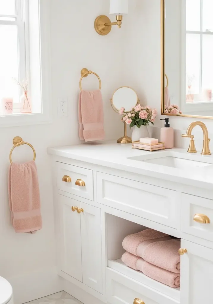 Elegant bathroom with soft gold hardware, warm cream walls, round mirror, minimal white vanity, blush hand towels, clean skincare bottles, subtle sunlight, feminine cozy atmosphere, modern apartment bathroom styling, realistic textures, uncluttered countertop, soft luxury decor, calm neutral tones, warm lighting reflections, minimal chic bathroom aesthetic with polished gold accents and airy styling

