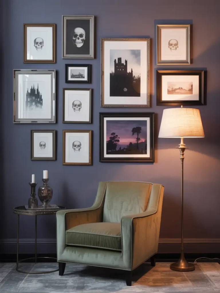 A minimalist art wall with dark-framed gothic prints and soft, plush seating.