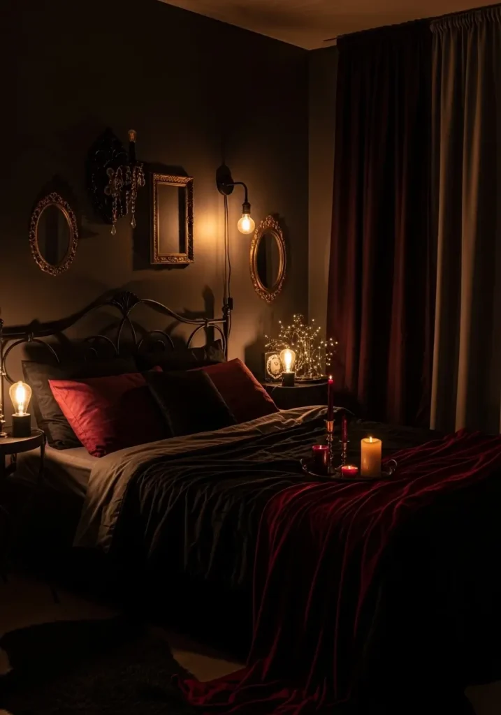 Clean romantic goth bedroom with soft gothic lighting, warm bedside lamps, candle glow, dark bedding, charcoal walls, simple black sconces, cozy layered fabrics, minimal feminine decor, realistic shadows, intimate romantic bedroom styling for couples

