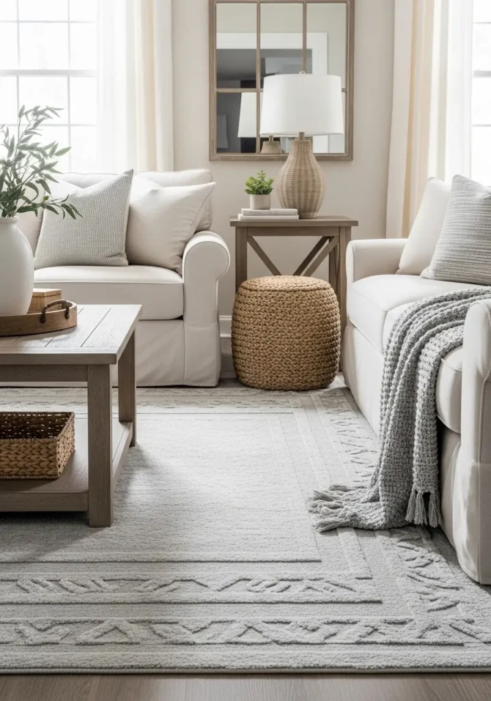 Elegant modern farmhouse living room with soft gray layered rug, white linen sofa, rustic wood beams, warm oak flooring, textured cream pillows, black metal accents, sheer curtains, cozy neutral decor, natural sunlight, airy minimalist farmhouse styling, realistic interior photography, calm feminine atmosphere with balanced soft textures and welcoming cozy details

