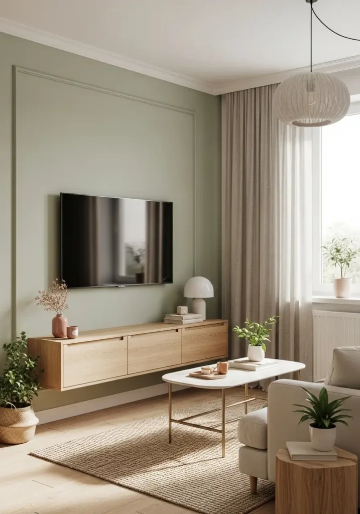 Cozy apartment living room with soft sage green TV wall, mounted television, light oak floating console, cream sofa, woven rug, linen curtains, small plants, feminine modern styling, calm natural decor, realistic apartment interior, warm sunlight, clean minimal layout, peaceful living room atmosphere

