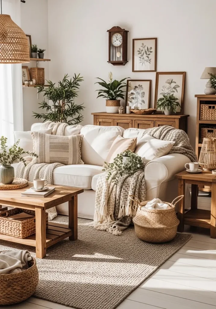 Farmhouse living room with soft greenery accents, cream linen sofa, rustic wood furniture, woven baskets, natural sunlight, warm earthy palette, cozy layered blankets, vintage decor pieces, airy farmhouse interior, subtle indoor plants, realistic rustic home photography, peaceful feminine styling, calm inviting atmosphere, textured neutral rug, warm wood tones