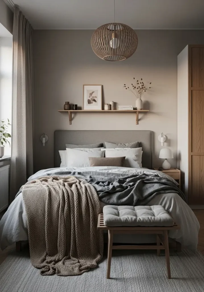 Minimalist studio apartment bedroom with soft greige palette, warm gray and beige bedding, natural oak furniture, cozy layered textures, tiny apartment styling, Scandinavian inspired decor, realistic interior photography, soft evening light, clean uncluttered bedroom, feminine neutral color scheme, floating shelves, warm knit blanket, calming atmosphere, elegant modern small apartment setup, airy room feeling, soft linen curtains, peaceful cozy apartment mood with minimalist details.

