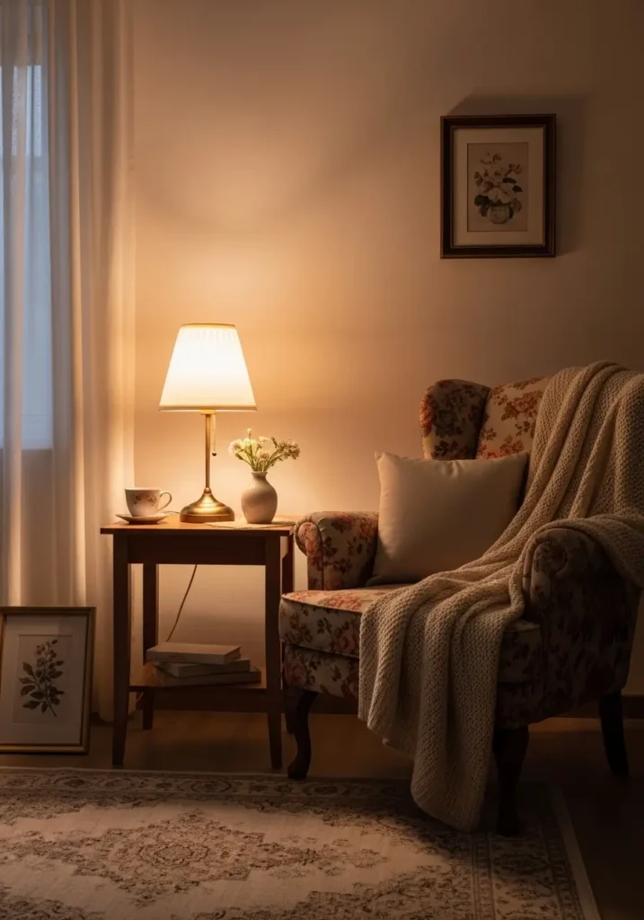 Clean minimal grandma core living room corner with warm table lamp, vintage wooden side table, soft floral armchair, cream knitted blanket, small ceramic vase with pale flowers, faded rug, simple framed art, sheer curtains, warm cozy evening light, calm feminine vintage comfort, peaceful uncluttered room styling.
