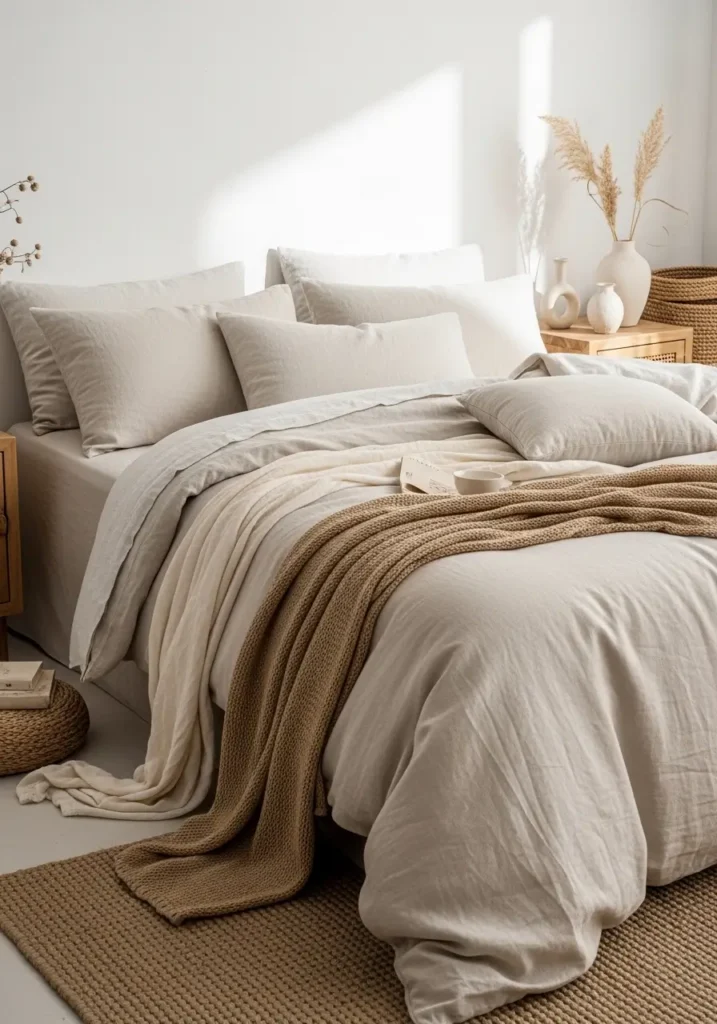 Minimal calm boho bedroom with soft beige linen bedding, layered neutral blankets, light oak bed frame, textured cream rug, warm sunlight through sheer curtains, dried pampas grass in ceramic vase, woven basket beside bed, clean white walls, cozy earthy styling, soft shadows, feminine peaceful mood, natural materials, uncluttered decor, modern boho interior photography, airy minimal composition, warm neutral color palette, subtle textures, dreamy relaxing bedroom aesthetic

