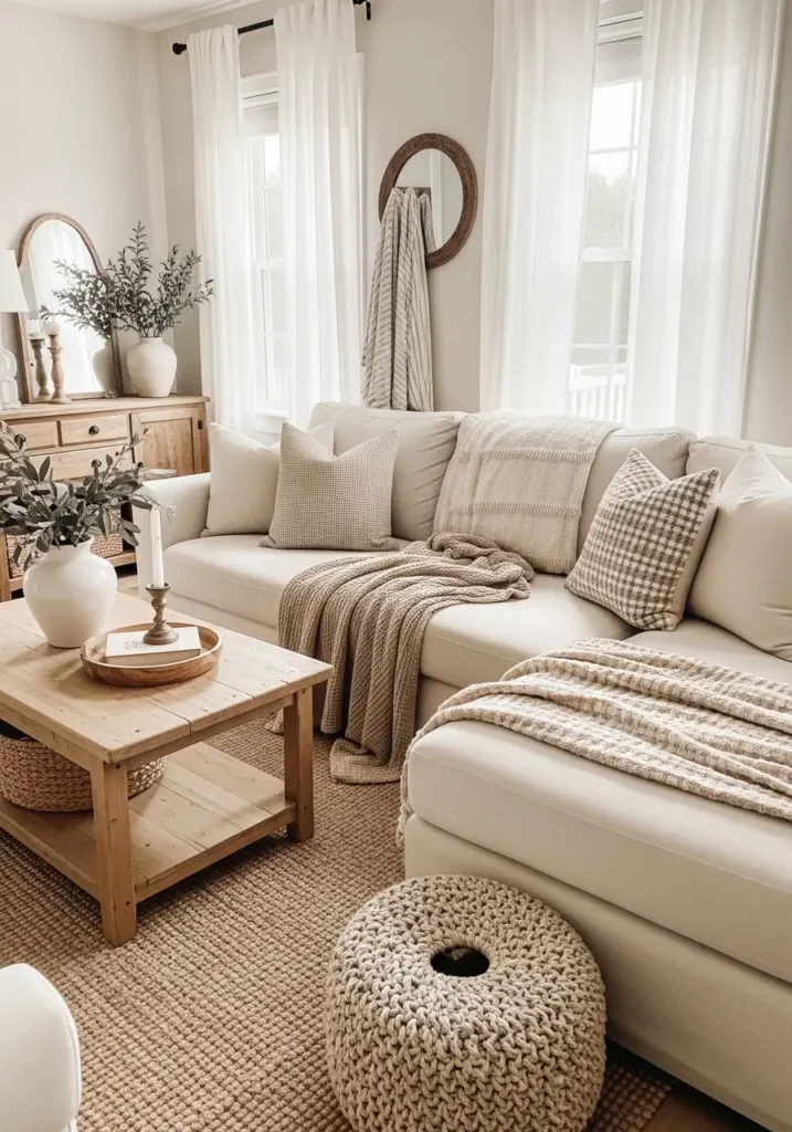 Rustic farmhouse living room filled with soft linen textures, oversized cream sectional sofa, layered beige and oatmeal throw blankets, light wood coffee table, sheer white curtains, vintage farmhouse decor, woven rug, cozy natural lighting, warm rustic mood, minimal styling, soft neutral color palette, airy feminine farmhouse aesthetic, clean uncluttered layout, subtle greenery, textured pillows, warm sunlight through windows, realistic cozy interior photography, peaceful and inviting room atmosphere