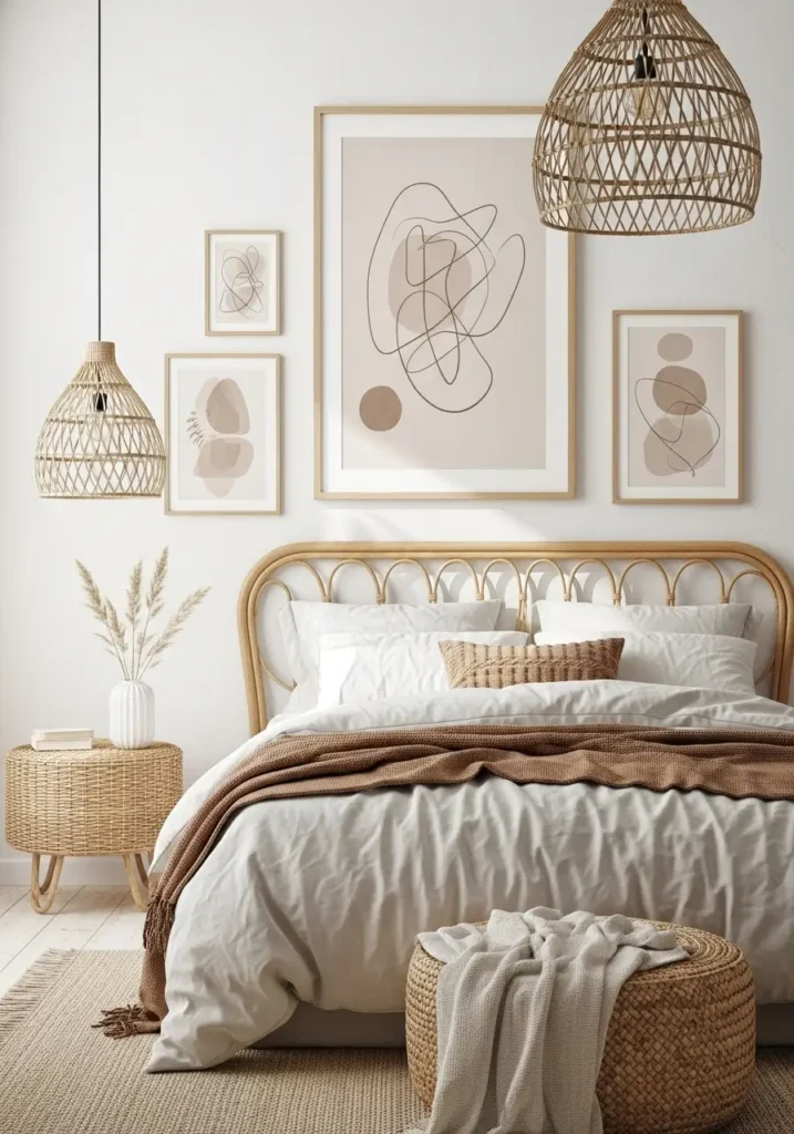 Clean calm boho bedroom with minimal neutral artwork, beige abstract prints, light wood frames, cream bedding, textured pillows, soft linen curtains, warm natural lighting, airy uncluttered interior, peaceful feminine atmosphere, earthy boho styling, woven decor accents, cozy modern bedroom aesthetic, organic textures, dreamy relaxing retreat with subtle warm shadows

