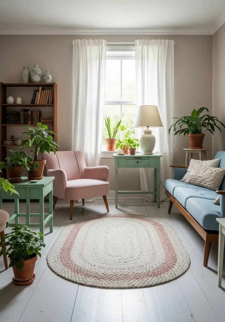 Soft beige walls paired with pastel-colored vintage furniture, white wood floors, and soft lighting that creates a calm, inviting atmosphere.